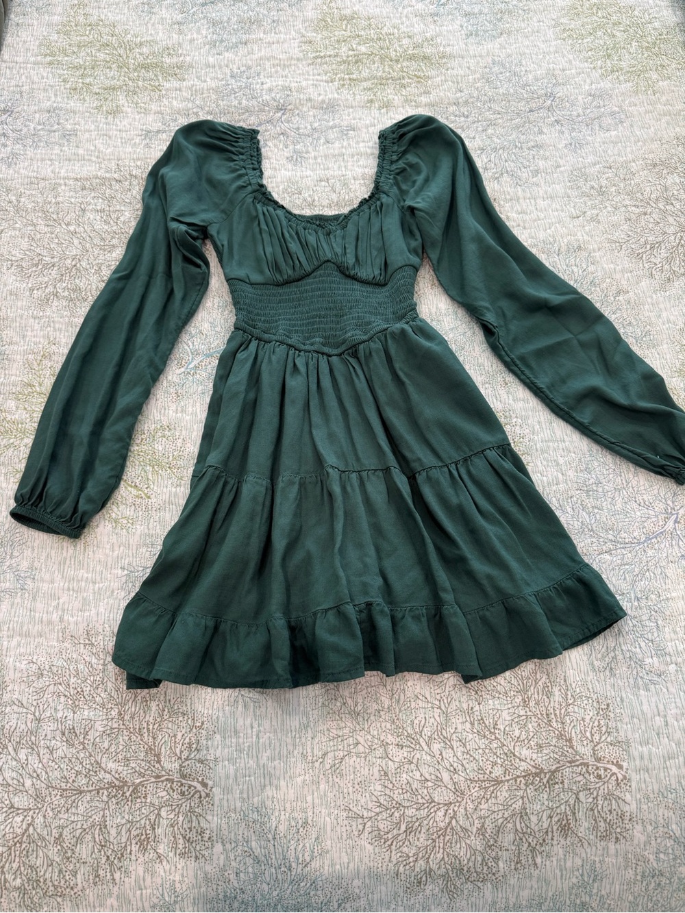 Hollister Dark Green Long Sleeve Smocked Waist Mini Dress